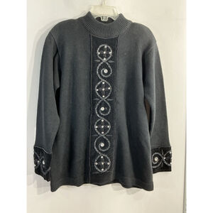 Womans Alexa Grace Pullover Sweater Medium Black Mock Neck Rhinestones